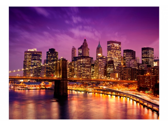 Reduziert - Fototapete - NYC - Brooklyn Bridge und Manhattan bei Nacht, 400 x 309 cm