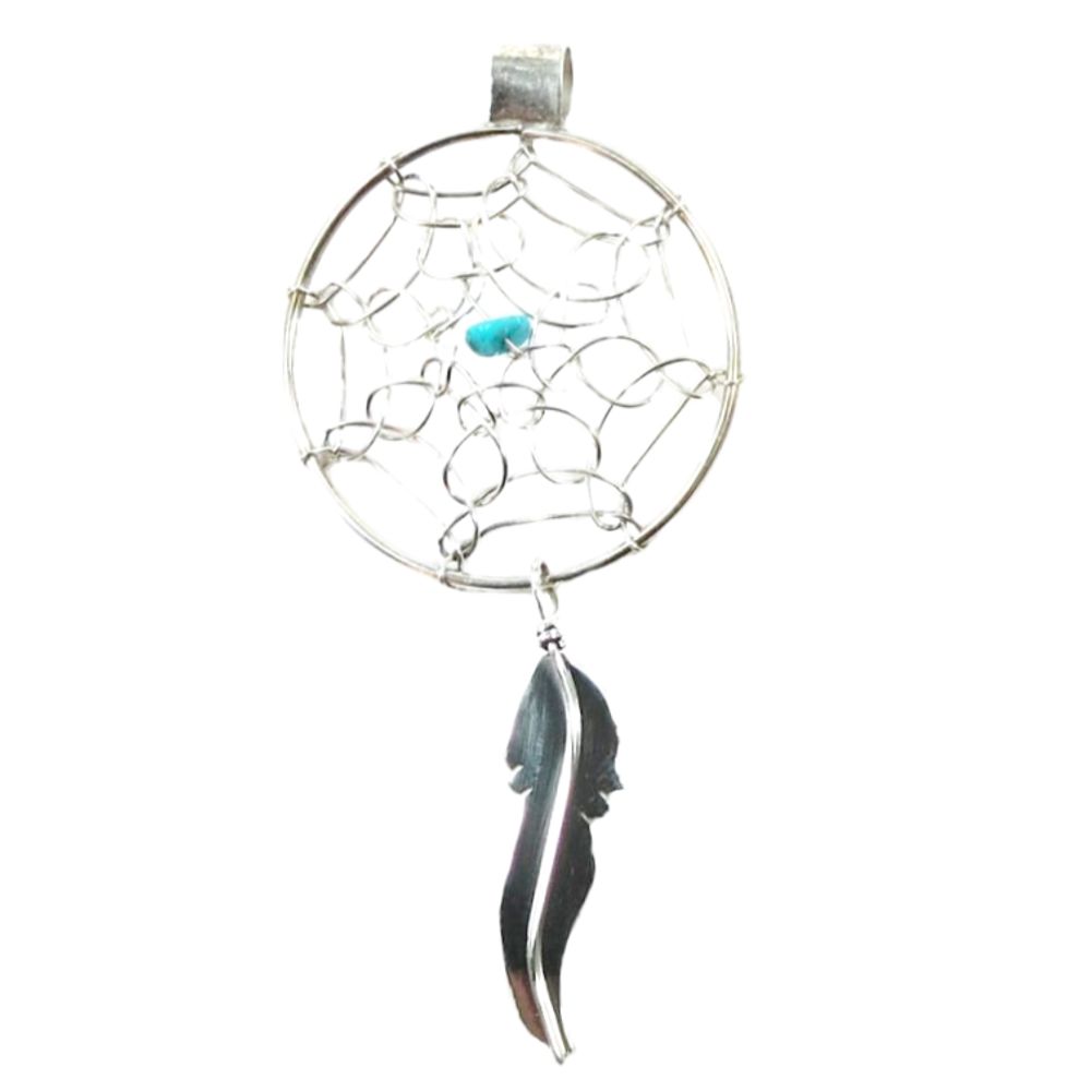 Indianerschmuck Kettenanhänger aus Sterling Silber - Turquoise Dreamcatcher, groß