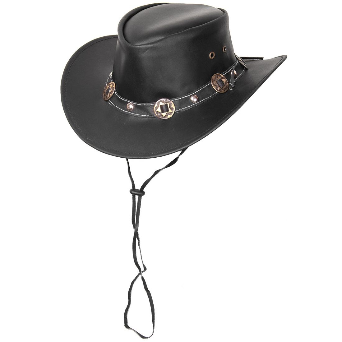 Formbarer Westernhut aus Leder mit Kinnriemen - Concho, Schwarz