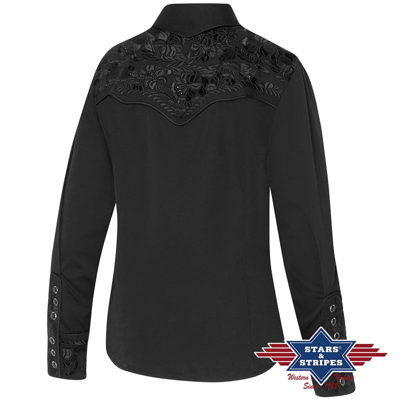 Westernbluse Riley, Schwarz, bestickt