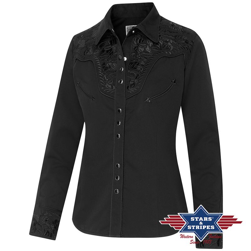Westernbluse Riley, Schwarz, bestickt