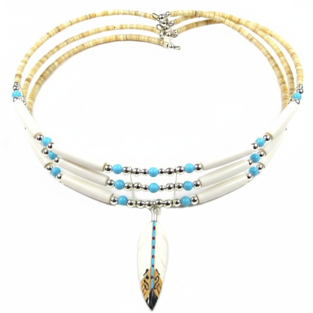 Indianerschmuck - Kette - Buffalo Bone Feather Choker, 3 Reihen, Weiß / Türkis Style I
